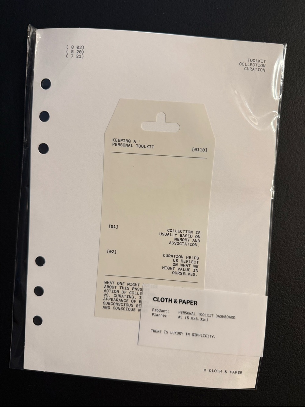 Cloth & Paper Personal Toolkit Dashboard - White A5